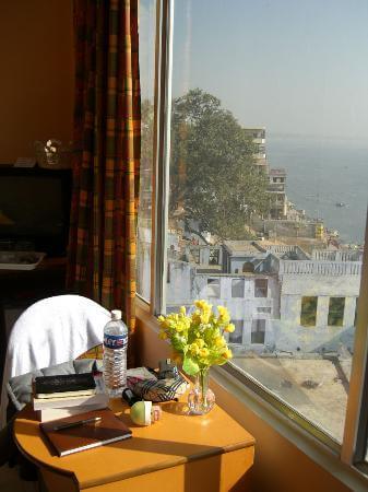 Spacious work area with panoramic view of Varanasi and River Ganga from Rashmi Guest House room